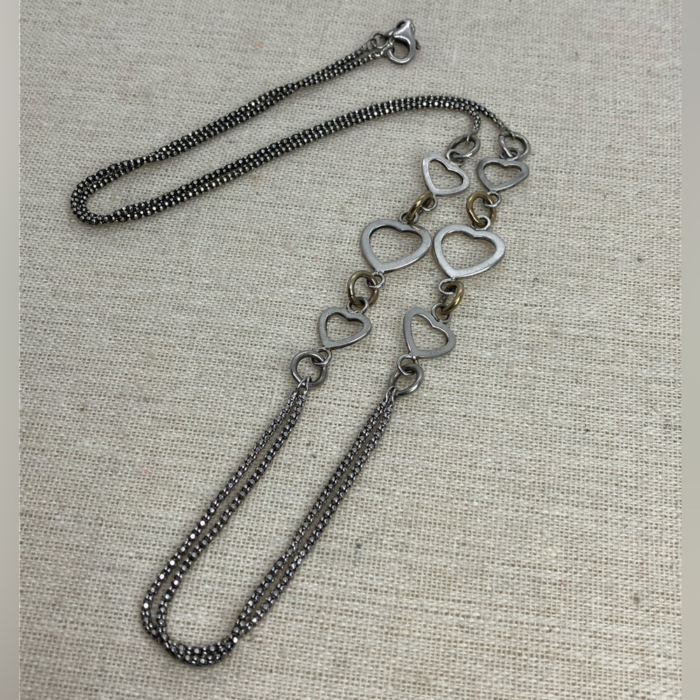 Vtg 925 Sterling Silver Heart Link Chain Necklace w Double Chain Drop | 27” L